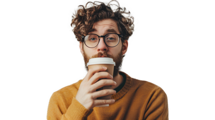 A person with a cup of coffee and sunglass isolated on a transparent background