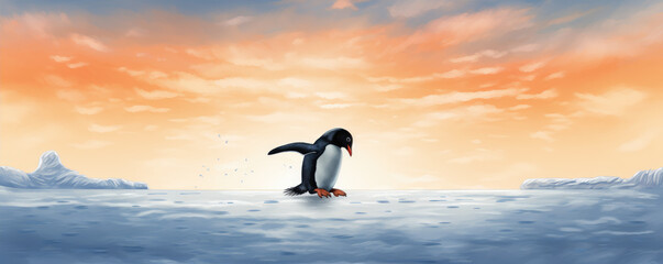 Lonely penguin on icy landscape at sunset - obrazy, fototapety, plakaty