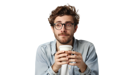 A person with a cup of coffee  and sunglass isolated on a transparent background