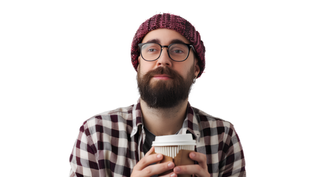 A person with a cup of coffee and sunglass isolated on a transparent background