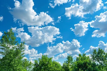 The expansive serene clouds create a tranquil atmosphere under the heavenly bright blue sky and natural sunny backdrop - obrazy, fototapety, plakaty