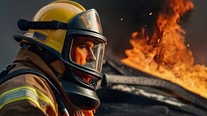 A male firefighter in a special outfit against the background of flames and clouds of black smoke. A rescuer on fire. A firefighter extinguishes the fire.