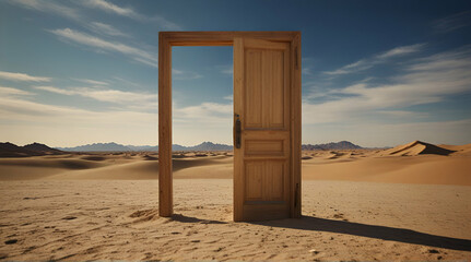 Opened door on desert. Unknown and start up concept. Generative.AI