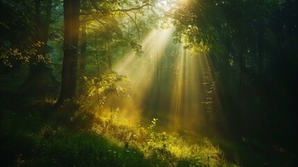 Sunrays in dark forest. Sun rays in woods. Sunbeam light Spring time. Spectacular morning sun light rays in the forest.