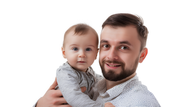 Fathe's Care, a Young dad holding adorable newborn baby isolated on a transparent background