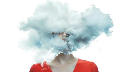 Beautiful young woman with a cloud-covering head isolated on a transparent background