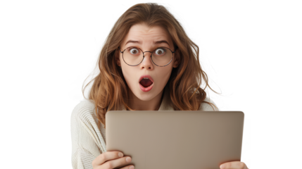 A young shocked woman using a laptop, and sunglass isolated on a transparent background