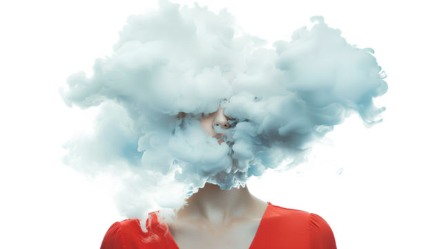 Beautiful young woman with a cloud-covering head isolated on a transparent background