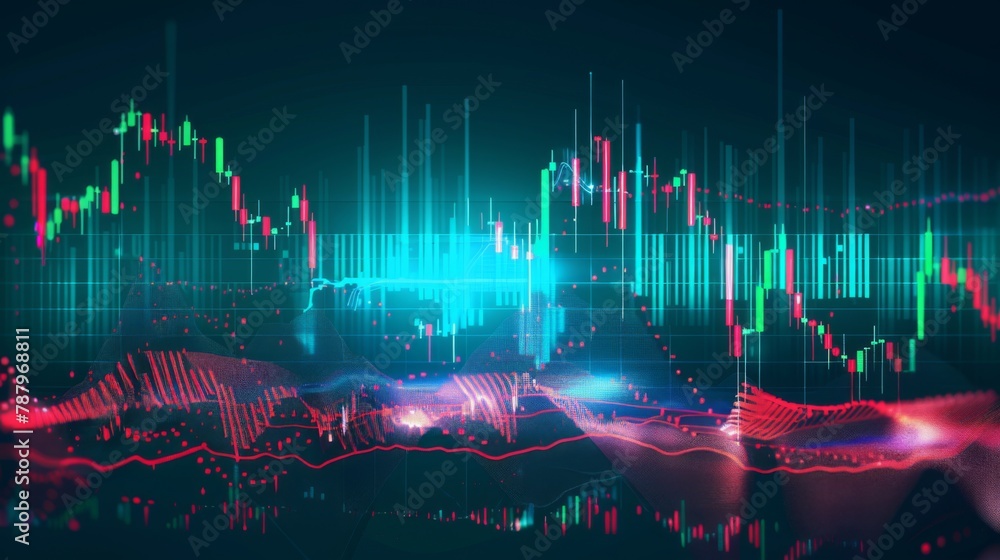 Poster technical price graph and indicator, red and green candlestick chart on blue theme screen, market vo