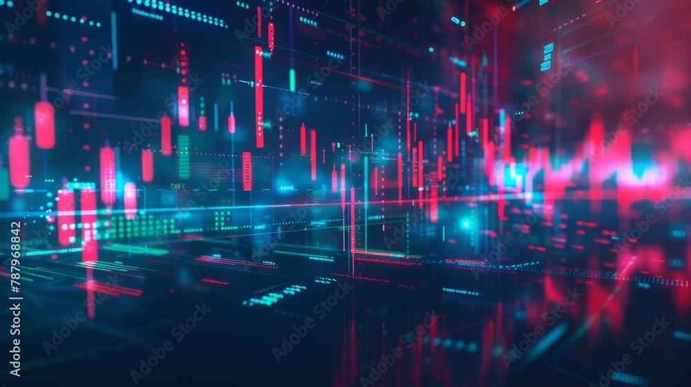 Poster technical price graph and indicator, red and green candlestick chart on blue theme screen, market vo