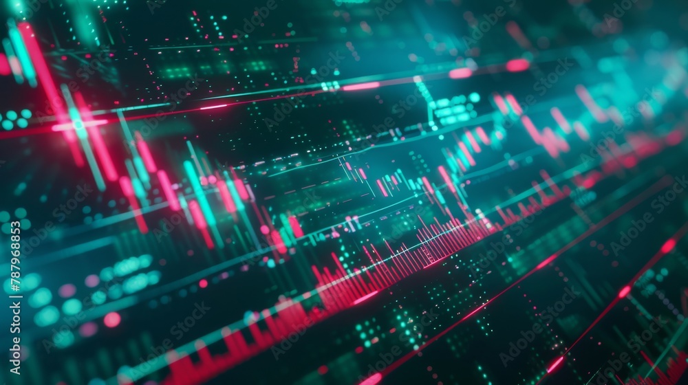Poster technical price graph and indicator, red and green candlestick chart on blue theme screen, market vo
