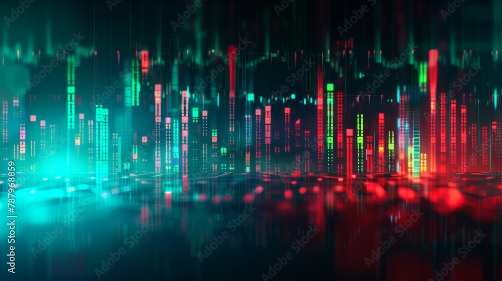 Poster technical price graph and indicator, red and green candlestick chart on blue theme screen, market vo