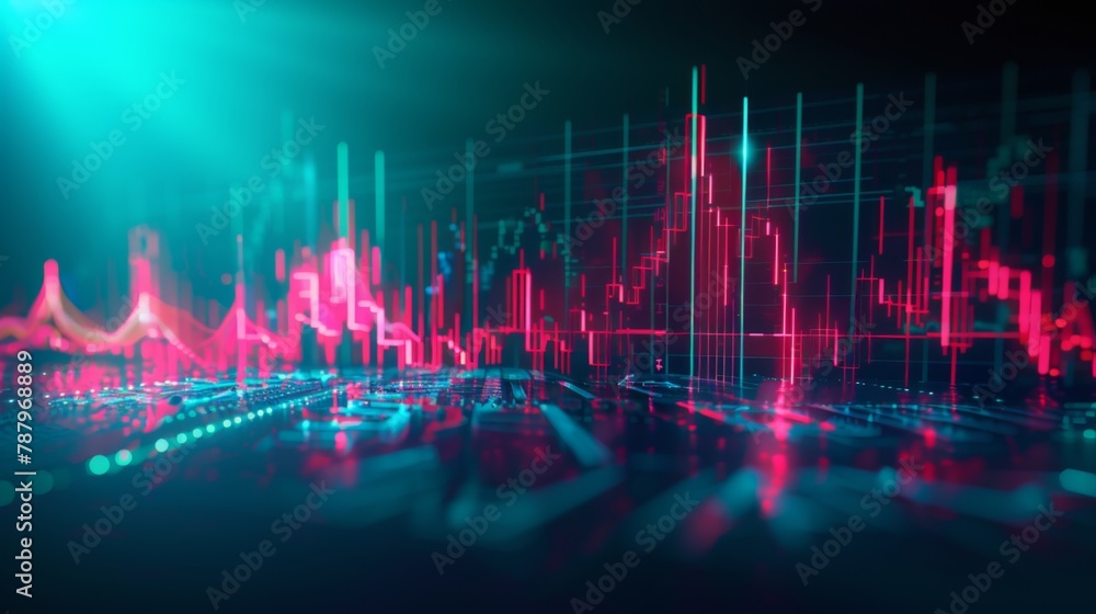 Poster technical price graph and indicator, red and green candlestick chart on blue theme screen, market vo
