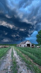 Brooding clouds loomed over the rustic barn and fields, farm animals huddling together, a sense of impending rainfall