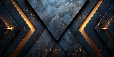 Luxury abstract black metal background with golden light lines. Dark 3d geometric texture illustration.