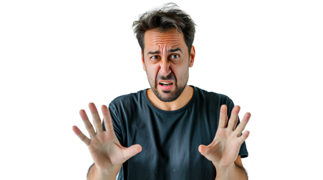Portrait of an annoyed frustrated bearded man standing with raised hands and indignant face asking why isolated on a white background - Powered by Adobe