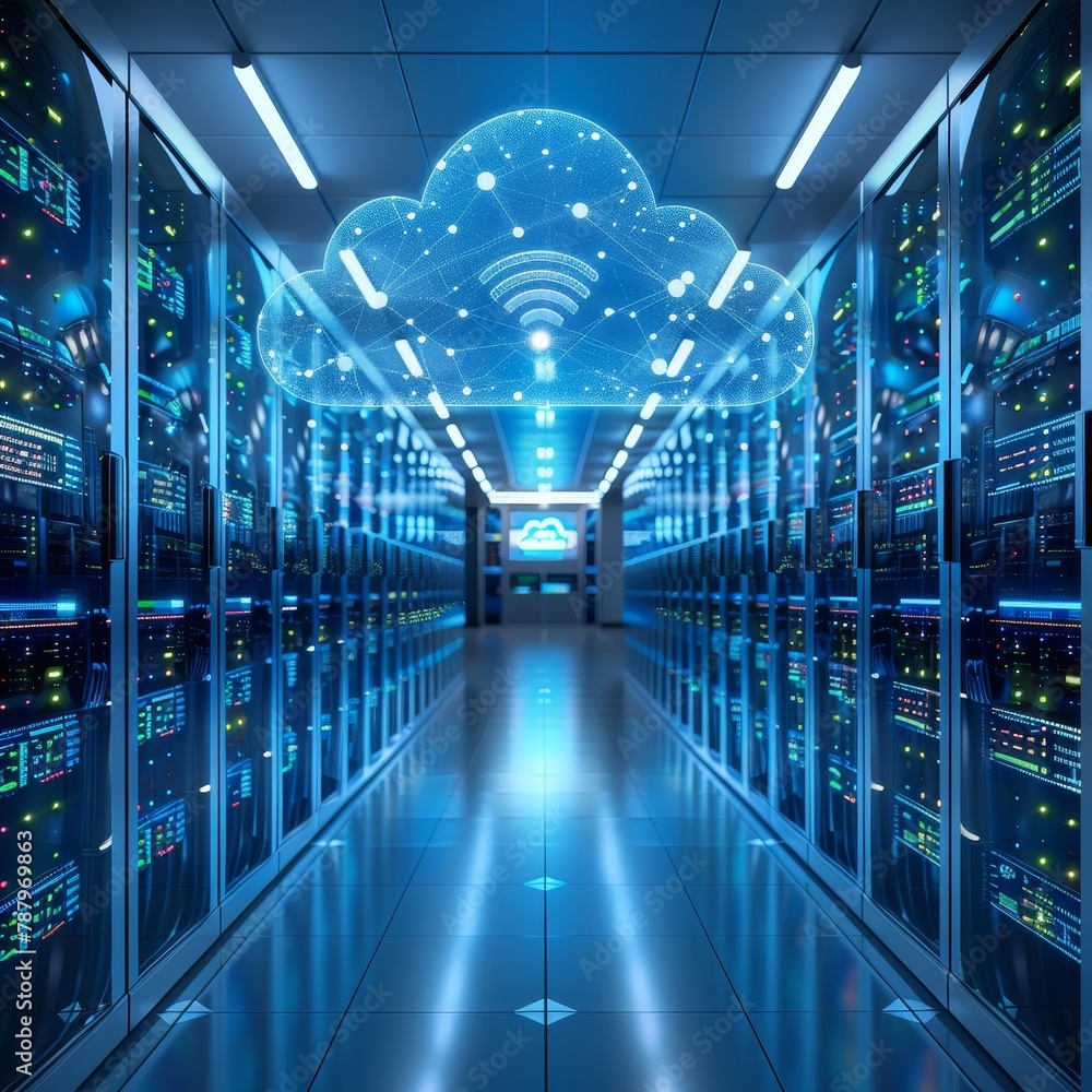 Poster high tech digital visualization of a cloud infrastructure, showing servers and network equipment in 