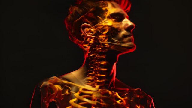 Close-up image of a human skeleton engulfed in intense red and orange flames. 