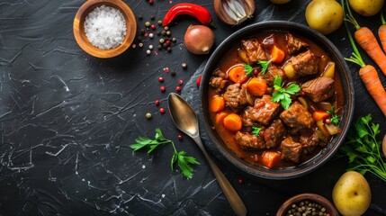 Traditional Hungarian goulash - beef meat stewed with potatoes, carrots, onions, spices on a dark background, top view. - obrazy, fototapety, plakaty