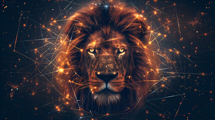 The zodiac sign of Leo head of a lion with magic light in the star , generative Ai