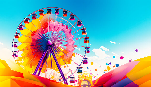 Funfair panorama with ferris wheel and carousels at blue hour twilight. Long time exposure