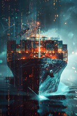 A scene showing a cargo ship's datum network being hacked, with cyber security experts battling to regain control - obrazy, fototapety, plakaty