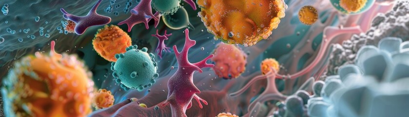 An artistic rendition of the symbiotic relationship between skin cells and the microbiome, highlighting beneficial bacteria on the skin surface - obrazy, fototapety, plakaty