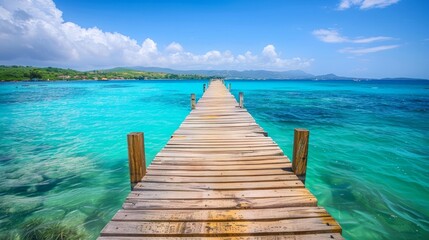 Idyllic wooden pier extending into the calm turquoise sea under a sunny sky, capturing the essence of tropical serenity AI Generative. - obrazy, fototapety, plakaty