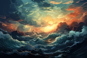 A painting of a stormy ocean with a large sun in the sky