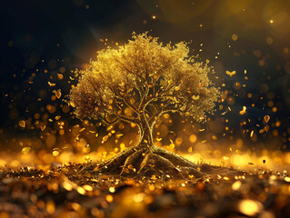 Golden sacred tree of life background. Spiritual healing, prosperity, and growth concept wallpaper - obrazy, fototapety, plakaty