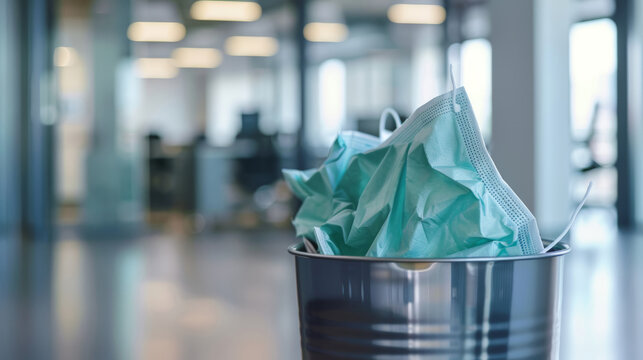 Close-up of a face mask crumpled in a wastebasket, symbolic of the fight against illness Blur the office environment