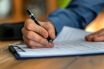 Close-up view of a business professional carefully reviewing contractual documents with a pen in hand