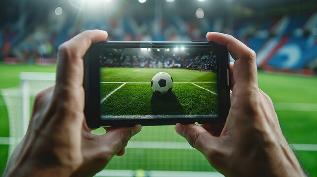 A cool picture on a smartphone of a soccer ball. AI.