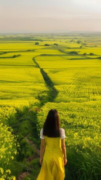 A long-range photo captures the vast expanse of empty yellow-green fields in spring, with a young Asian girl standing amidst the vastness