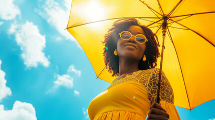Happy black afro american woman with sunny blue sky holding a yellow umbrella or sunshade to protect her skin from sun light with return of warm days