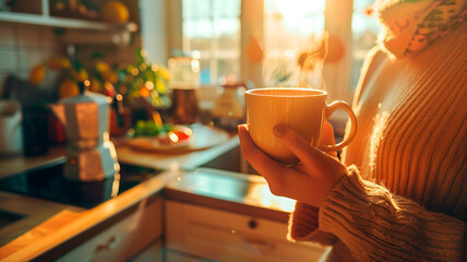 woman holding a cup of coffee in her hands, sunlight, bright kitchen