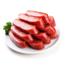 Sausage slices on white background, full depth of field