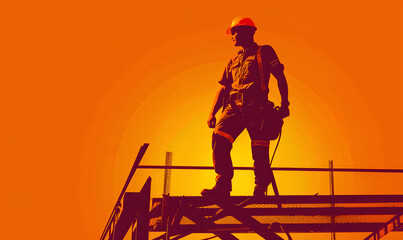 Silhouette of happy construction worker in helmets, flat vector. - obrazy, fototapety, plakaty