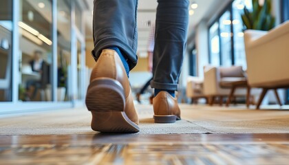 Low angle view of a professional's stride in a modern office corridor, symbolizing business dynamism. - obrazy, fototapety, plakaty