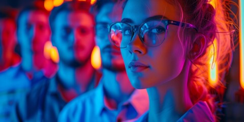 A fashion portrait of a beautiful woman and handsome men posing in colorful, bright neon UV blue and red lights. Models wearing trendy glasses. Club, disco style.
