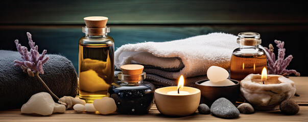 A serene spa composition with flickering candles, essential oils, and a rolled towel amidst flowers and stones, evoking a sense of calm.