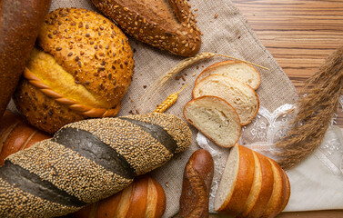 Composition with variety of baking products on wooden table. High quality photo