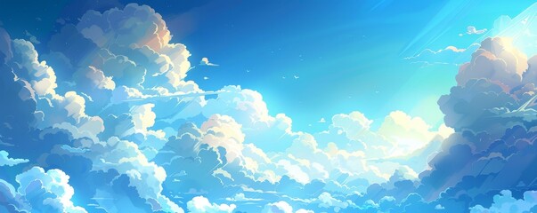 The bright clear day with a majestic expansive blue sky and peaceful fluffy clouds creates a serene natural setting - obrazy, fototapety, plakaty