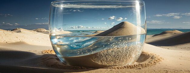 Glass of drinking water on desert background