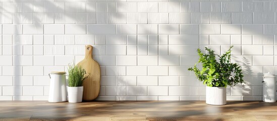 modern kitchen with white tiled wall and cutting board