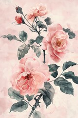 A vintage floral background featuring pink roses on a cracked and textured surface. Grunge and antique aesthetic ideal for creating a romantic and nostalgic feel in designs.