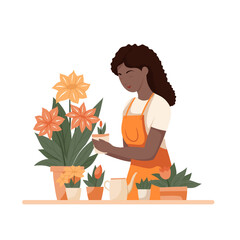 Vector flat clip art of a cute African woman gardener in an apron with flowers in pots isolated from background. Black girl florist. Trendy illustration for articles and postcards