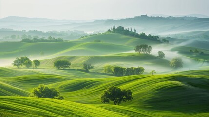 Naklejka premium A view of a green landscape with rolling hills and trees, AI