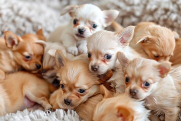 A bunch of light-colored Chihuahua puppies in a soft fluffy blanket. Cute dogs close to each other