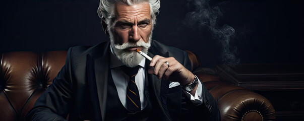 Elegant man with cigar in luxurious dark interior. copy space for text. - obrazy, fototapety, plakaty